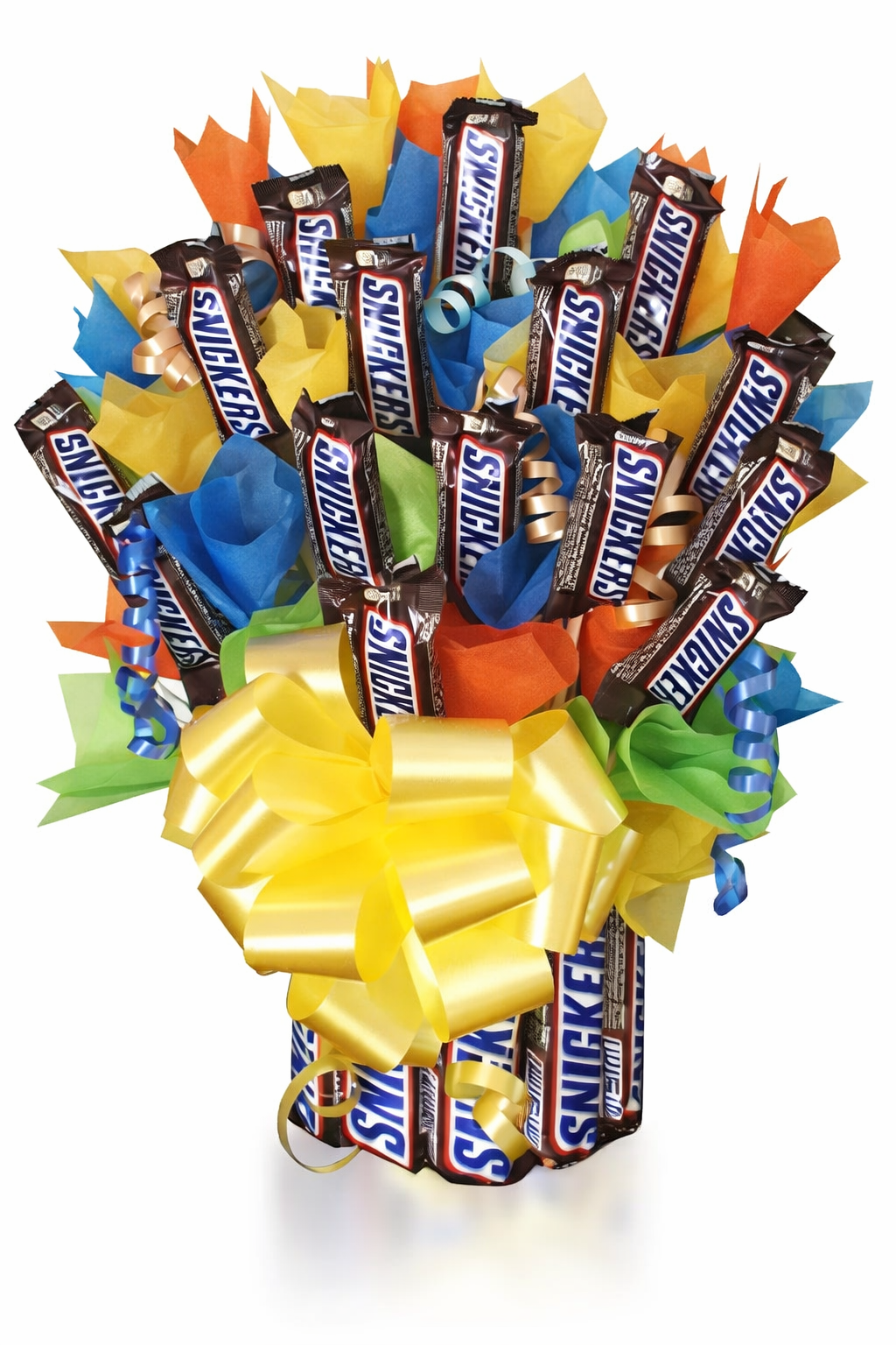 Bouquet made of Snickers candy bars with a yellow bow on a white background