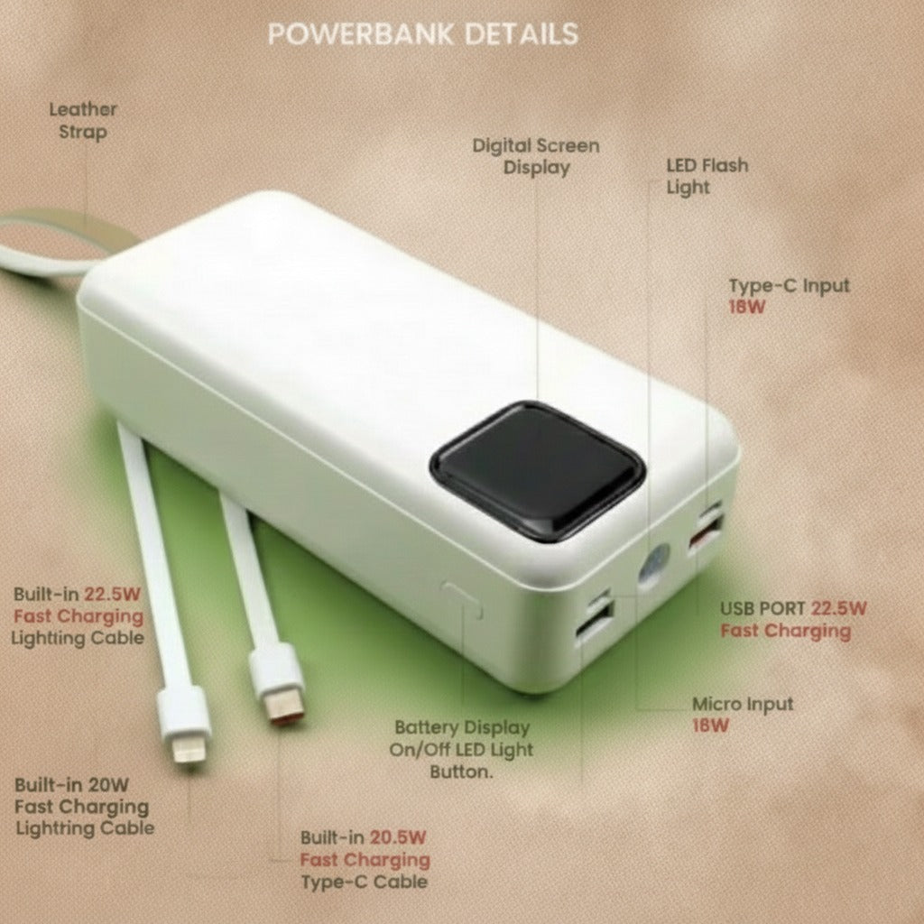 Fast Charging Digital Power Bank 30,000mAh with Flashlight & Leather Strap