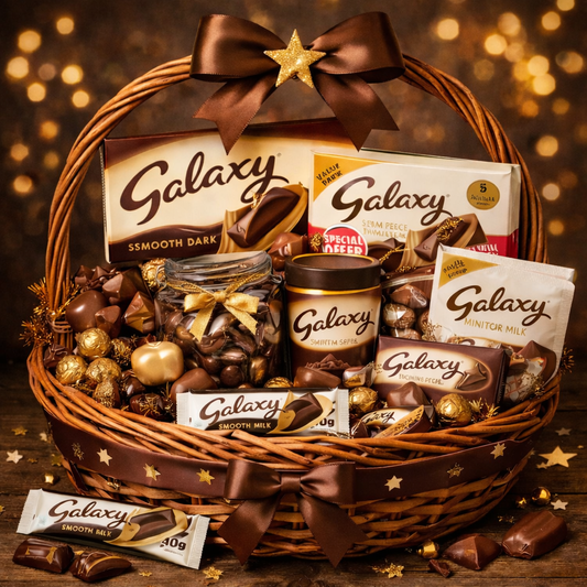 Gift basket filled with Galaxy chocolate products on a wooden surface with a warm, blurred background.