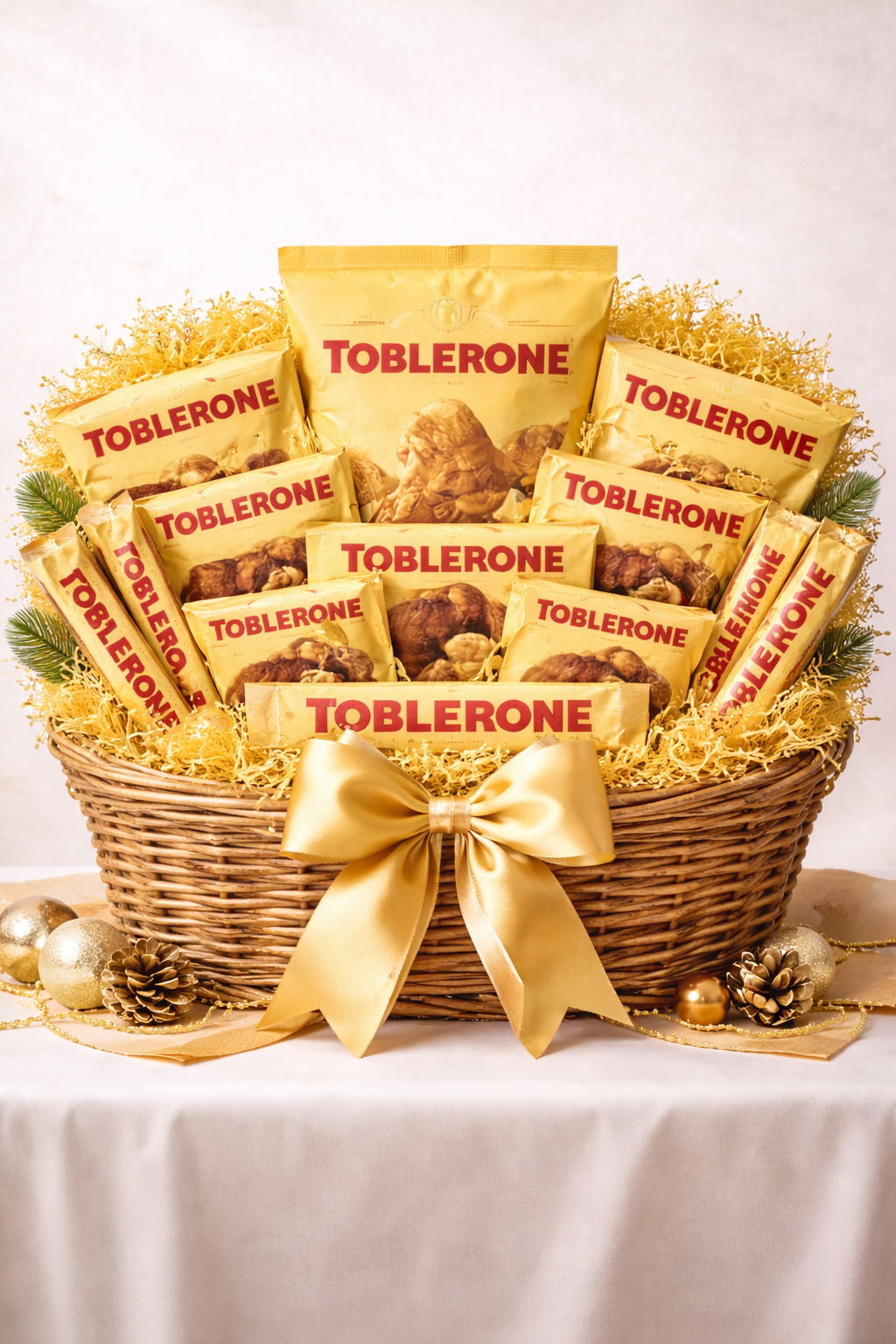 Gift basket filled with Toblerone chocolate bars on a white background