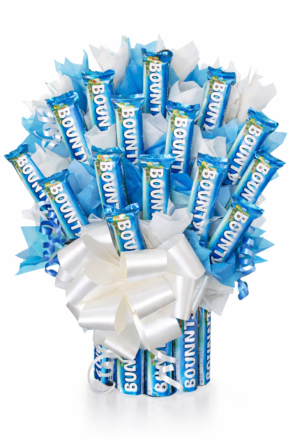 Bouquet of Bounty chocolate bars arranged in a decorative manner on a white background