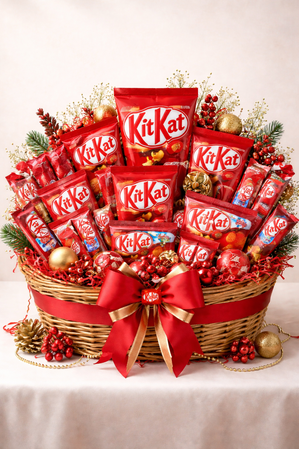 Basket of KitKat chocolate bars with festive decorations on a white background